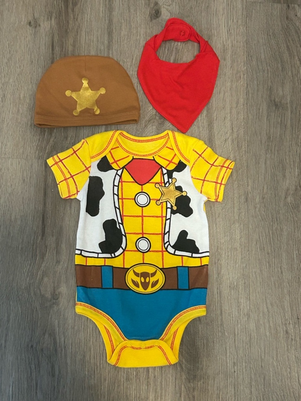 Disney Yellow & Blue Woody Sheriff Baby Costume Set with Brown Hat & Red Bandana - Picture 1 of 1